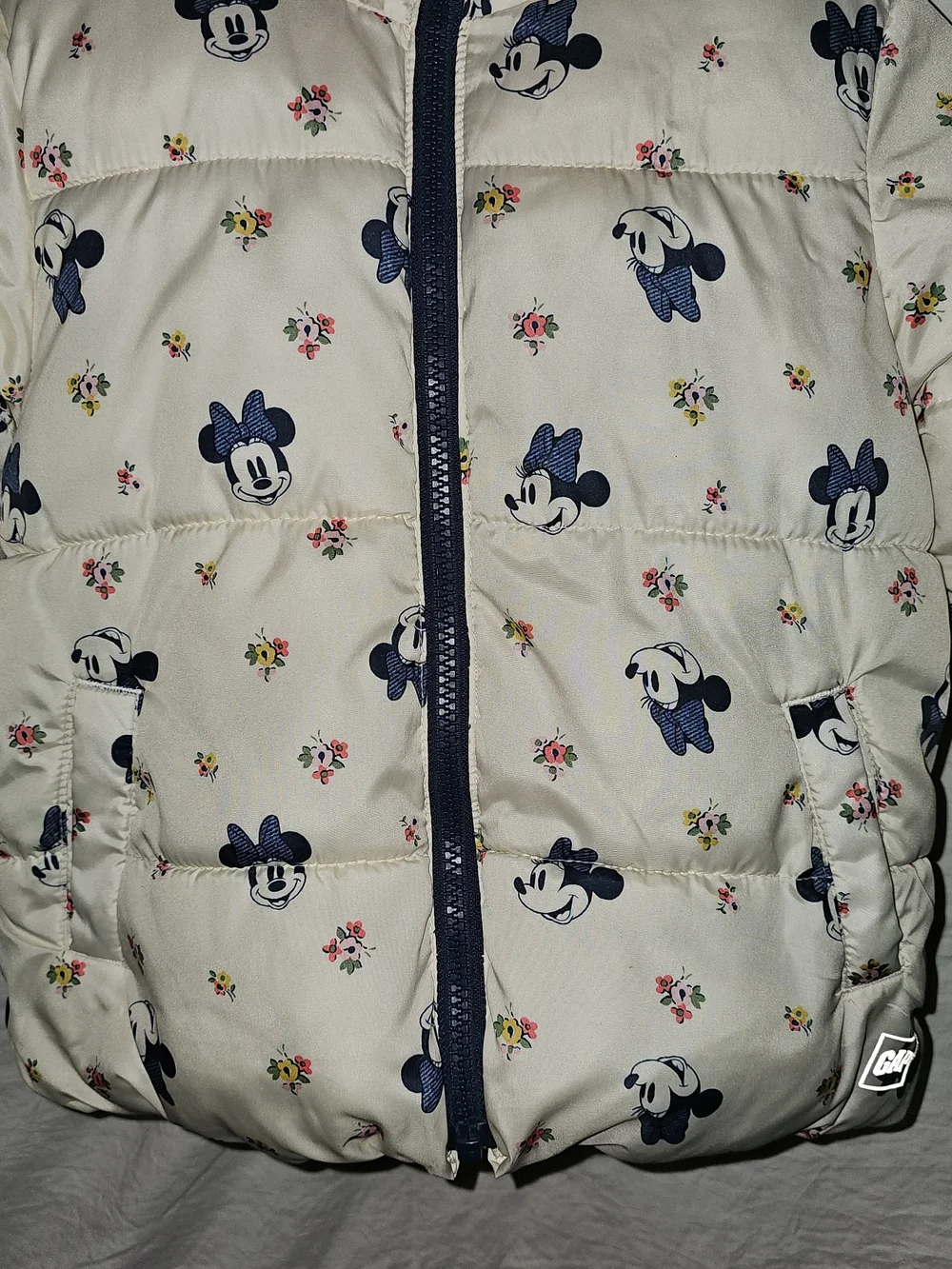 GAP White Puffer Jacket with Navy Mickey Print